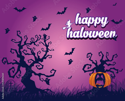 Purple halloween night wallpaper with graveyard and pumpkin and scary bat