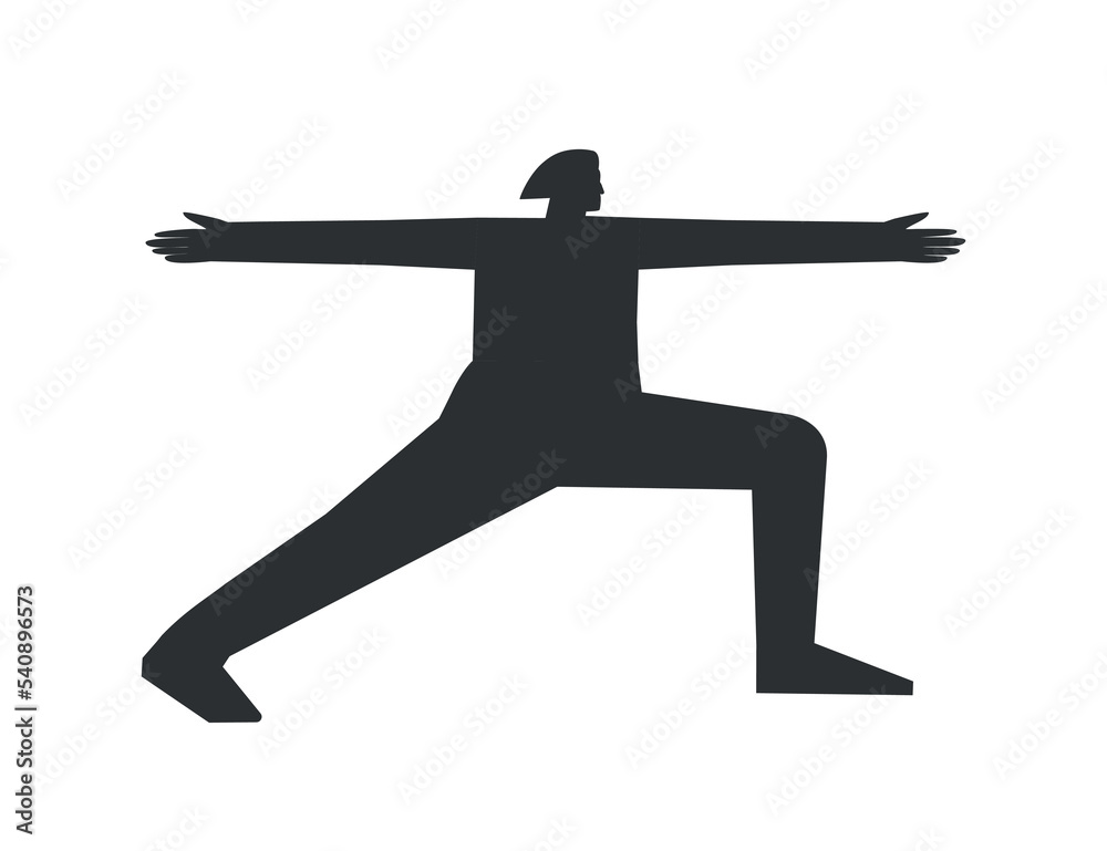 Vector isolated illustration with flat black silhouette of female character. Sportive woman learns yoga posture Virabhadrasana II. Fitness exercise - Warrior 2. Minimalistic design Vector isolated illustration with flat black silhouette of female character. Sportive woman learns yoga posture Virabhadrasana II. Fitness exercise - Warrior 2. Minimalistic design