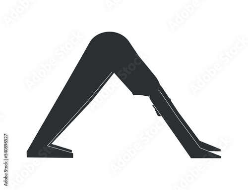 Vector isolated illustration with flat black silhouette of female character. Sportive woman learns yoga posture Adho Mukha Svanasana. Fitness exercise - Downward Facing Dog. Minimalistic design