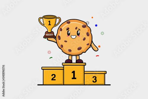 Cute Cartoon character illustration of Biscuits is holding up the golden trophy in illustration