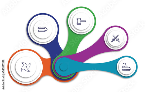 editable outline icons with infographic template. infographic for weapons concept. included thor hammer, japanese nunchaku, two katanas, japanese shuriken, boarding icons.