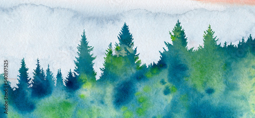 Abstract watercolor forest. Forest isolated illustration template on white background.