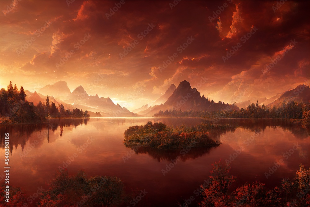 Sunset lake illustration.