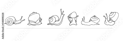 Snail coloring page for children and adults. Pattern isolated. Cartoon character helix decorative element. Vector hand drawn anti stress background. Funny doodle sketch style with a cochlea 