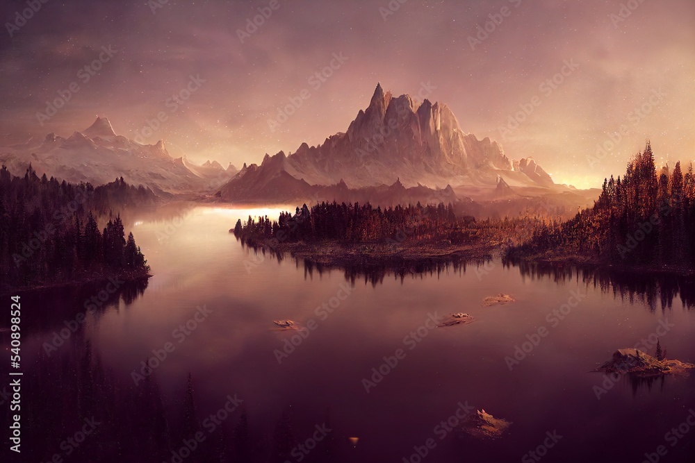 Sunset lake illustration.