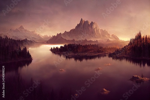 Sunset lake illustration. © paranoic_fb