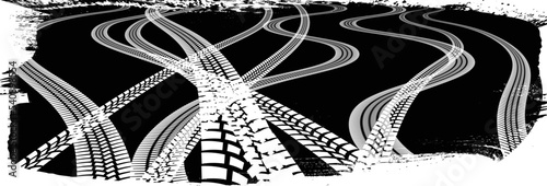 Vector Print Textured Tyre Track banner. Design Element . Car tread silhouette . Tyre print .Mud splash grunge texture. Wheel tire track. Traces of tires.