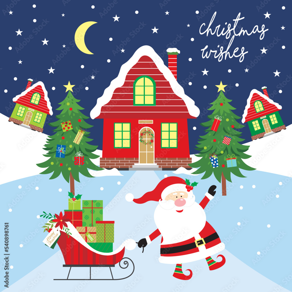christmas greeting card with santa claus,sleigh and house