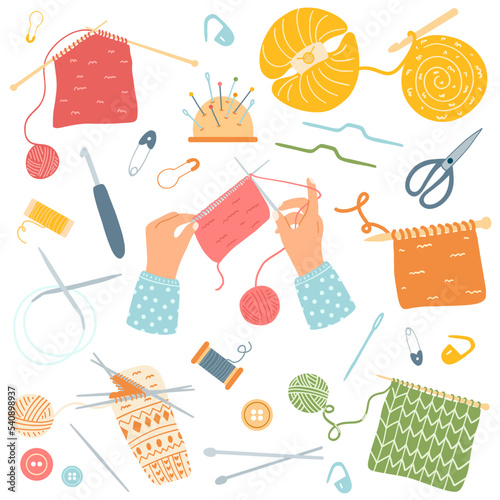 Set of knitting accessories in cartoon style. Concept of hobby, leisure time. Vector illustration of Knitted fabric, needles, crochet, spool, pincushion