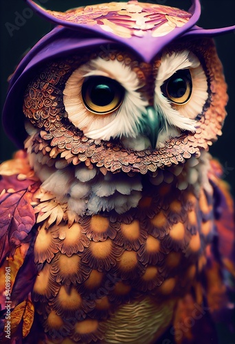 Illustration of autumn magical owl with whimsical plumage made from dry leaves