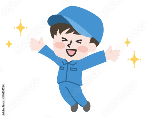 ジャンプして喜ぶ男性作業員
