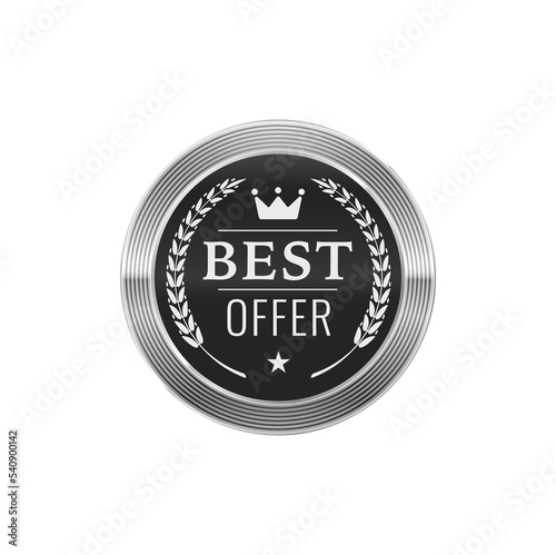 Best offer silver badge and label. Sale promotion, purchasing special offer platinum seal or silver badge, product best price vector sticker or premium tag. Discount advertising glossy metal label