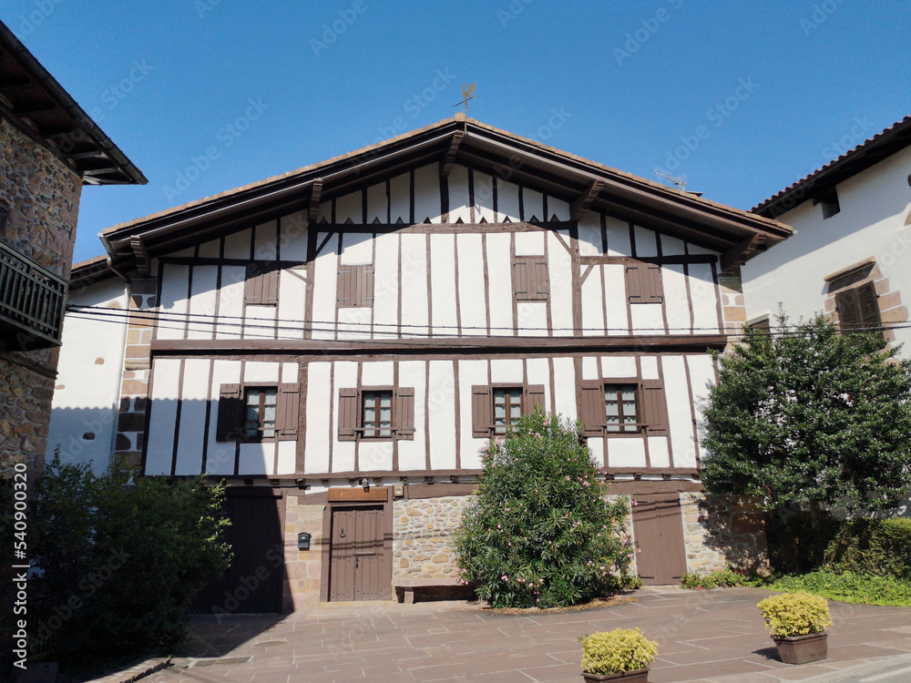 Basque house in the Navarrese town of Etxalar, typical architecture of the Basque Country, farmhouse,