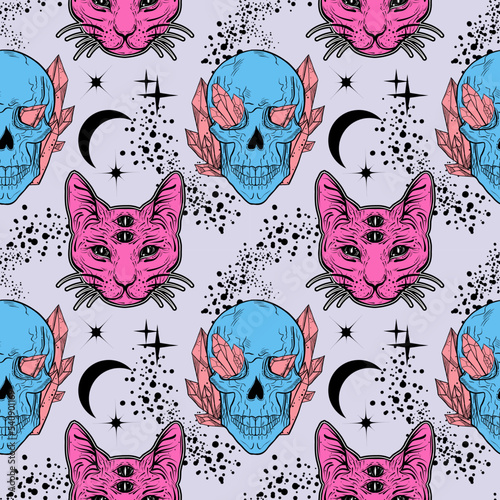 Seamless pattern with four eyed cat and skulls in tattoo art style. Dark gothic alchemy background.