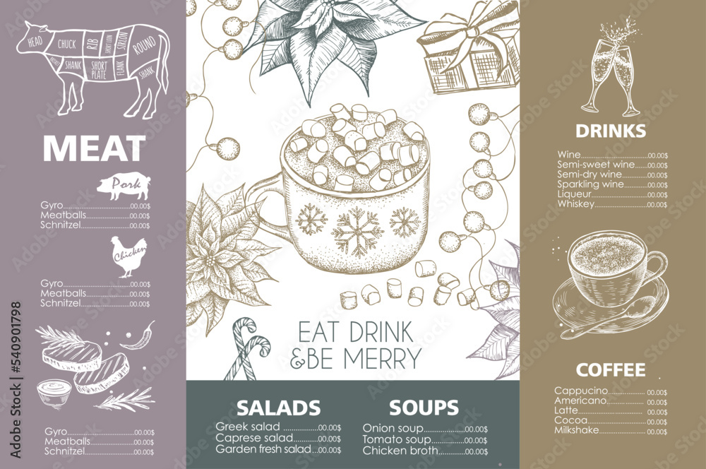 Christmas menu. Design template. Vector hand drawn illustration.	
