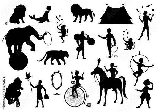 Obraz na plátně Circus or chapiteau black silhouettes with vector carnival top tent, clown, acrobat and animals