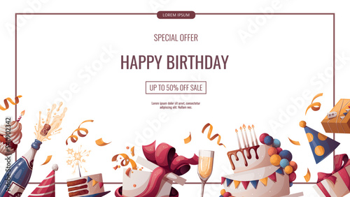 Birthday promo banner with cake, champagne, cupcake, gifts, caps, confetti. Birthday party, celebration, holiday, event, festive concept. Vector illustration. Banner, flyer, advertising.