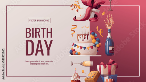Birthday promo banner with cake, champagne, cupcake, gifts, caps, confetti. Birthday party, celebration, holiday, event, festive concept. Vector illustration. Banner, flyer, advertising.