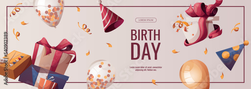 Birthday promo sale flyer with gift boxes and balloons. Birthday gift, party, celebration, holiday, event, festive, congratulations concept. Vector illustration. Banner, flyer, advertising.