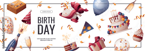 Birthday promo banner with cake, champagne, cupcake, gifts, caps, confetti. Birthday party, celebration, holiday, event, festive concept. Vector illustration. Banner, flyer, advertising.