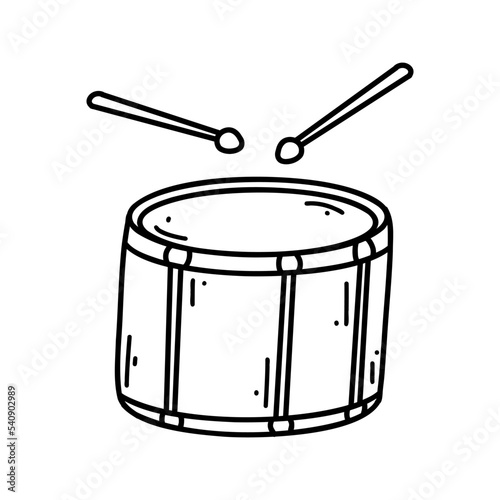 Doodle drum with drumsticks. Vector sketch illustration of musical instrument, black outline art for web design, icon, print, coloring page