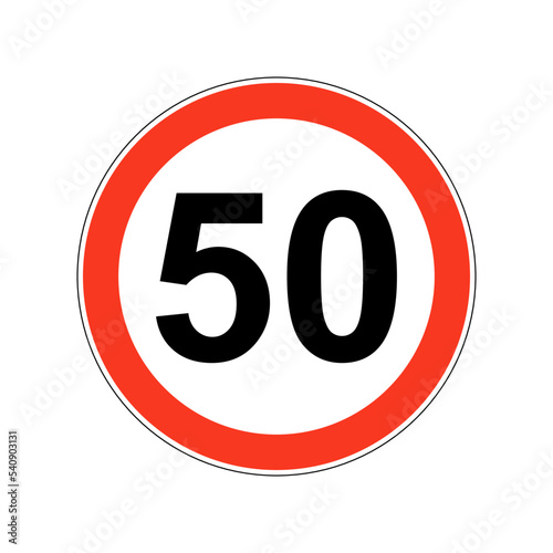 Road sign of 50 speed limit on white background.