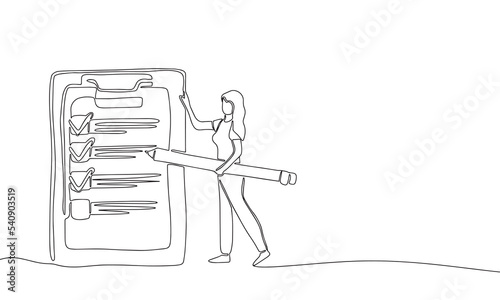 Hand draw line art human business illustration. Woman with big pencil before big to-do list. Vector illustration. Without color.