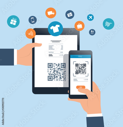 business flat vector design online payment by mobile scan QR code concept. hand hold smartphone to scan for online pay.

