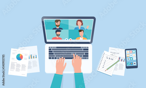 flat vector design smart working on laptop concept business team meeting and connect  from anywhere with online video conference technology concept

