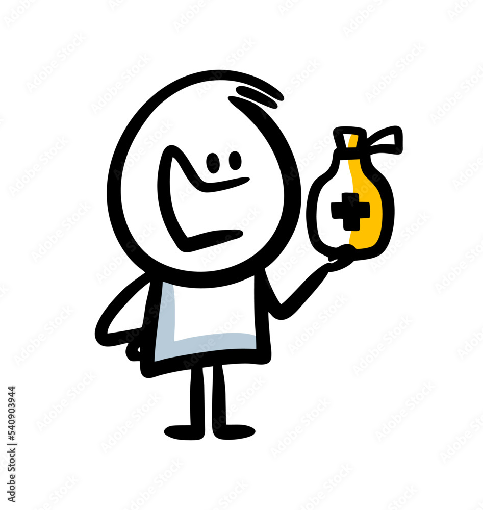 Doole cartoon character with medicine bottle in the hand. Doole cartoon character with medicine bottle in the hand.