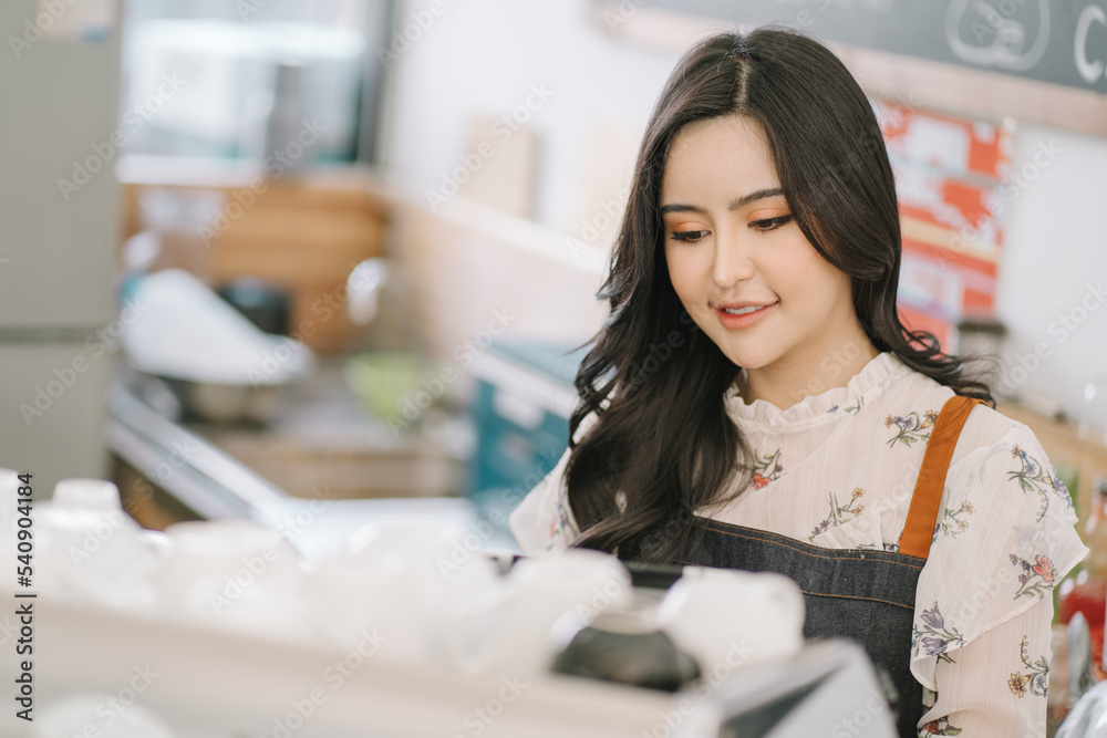 Opening a small business, AHappy Asian woman in an apron standing near a bar counter coffee shop, Small business owner, restaurant, barista, cafe, Online, SME, entrepreneur, and seller concept Opening a small business, AHappy Asian woman in an apron standing near a bar counter coffee shop, Small business owner, restaurant, barista, cafe, Online, SME, entrepreneur, and seller concept