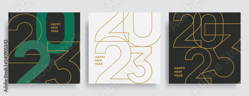 Composition of linear golden color numbers for New Year 2023 posters. Christmas card with holiday typography. Vector