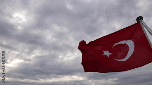 Waving Turkish Flag on cloudy sky background. Turkiye or Turkey concept video. Turkish national days background 4k slow motion footage. photo