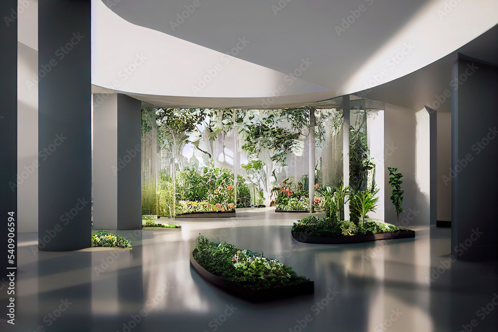 Background with modern interior biophilic courtyard design - obrazy, fototapety, plakaty 