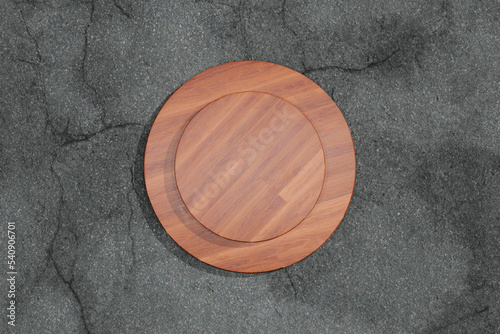 Hard cherry wood cylinder shaped product presentation stages. Piled onto tarmac floor. Top down view