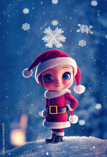 Female baby Santa Claus with big eyes, snow flakes, winter character, anime, kawaii, made with artificial intelligence © BlueBlissByKatia