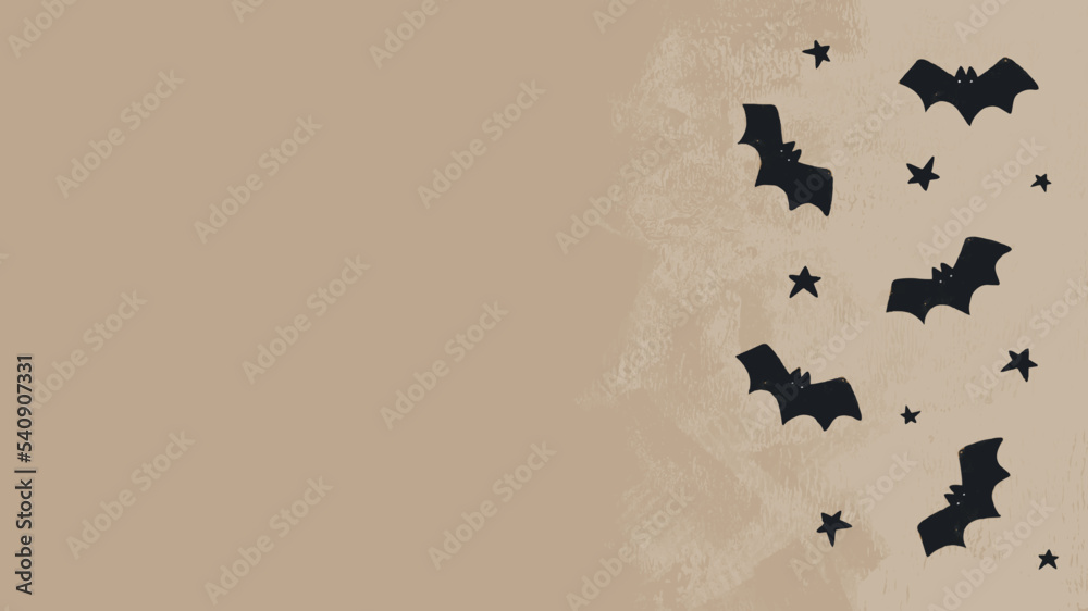 Naklejka premium Halloween Hand Drawn Vector Background with Black Flying Bats. Little Bats and Stars on a Grunge Dusty Beige Background. Halloween Party Illustration. Top View Composition ideal for Card, Banner.
