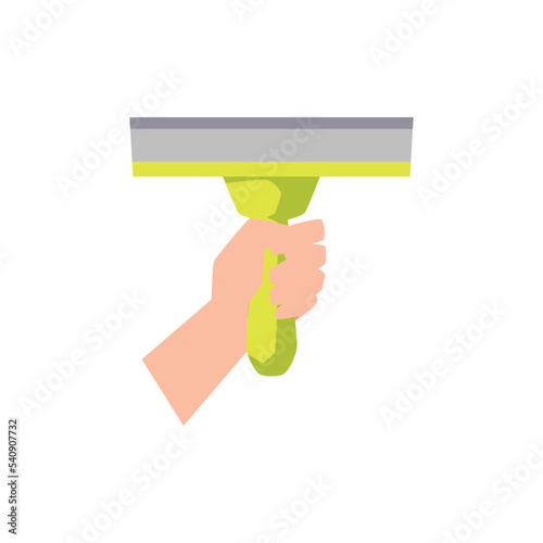 Hand with scraper to clean windows, flat vector illustration isolated.