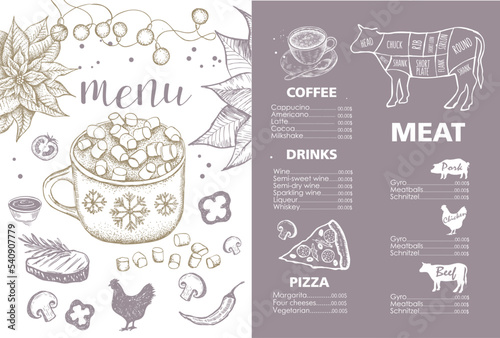 Christmas menu. Design template. Vector hand drawn illustration.