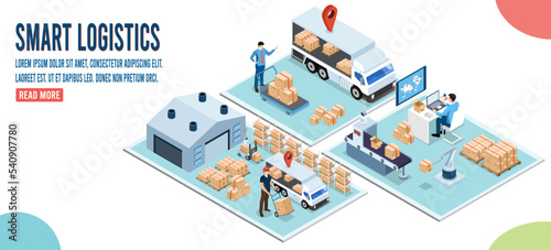 3D isometric Smart logistics concept with Warehouse Logistic, Workers loading products, transportation truck use wireless technoloty. Eps10 vector illustration photo