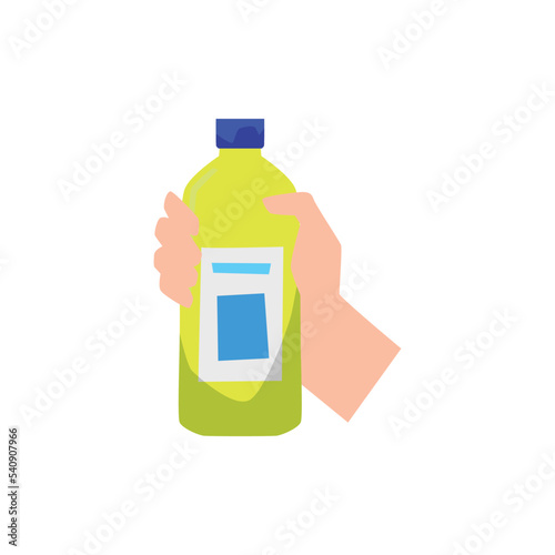 Hand holds bottle of detergent or cleaning product, flat vector illustration isolated on white background.
