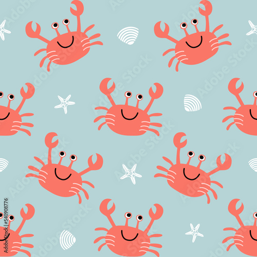 Vector seamless childish pattern with red crabs, white shells and starfish on a blue background. Suitable for baby prints, nursery decor, wallpaper, wrapping paper, stationery, scrapbooking, etc.