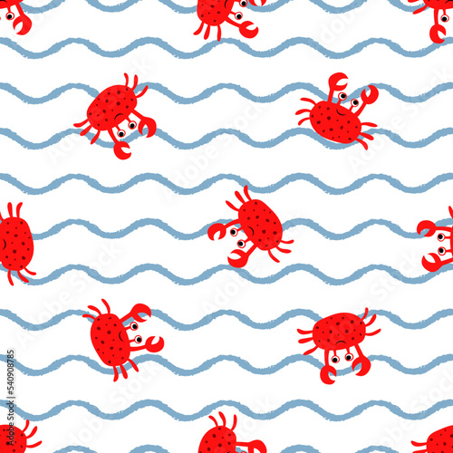 Vector seamless childish pattern with red crabs on a white background with blue wavy lines. Suitable for baby prints, nursery decor, wallpaper, wrapping paper, stationery, scrapbooking, etc.