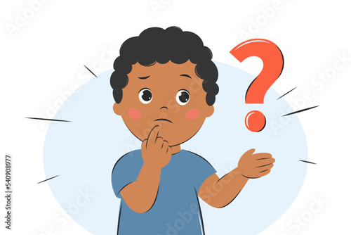 Little boy asking question. Knowledge and education concept. Vector illustration