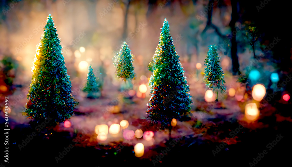 Christmas tree decoration in winter forest with northern lights. 3d Illustration of Christmas on Blurred bokeh background