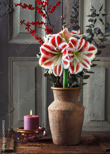 Bouquet with red, white Amaryllis flower, eucalyptus and red holly berry branches, in a ceramic vase and burning candle in a small bowl. Christmas vintage floral arrangement or home decoration.