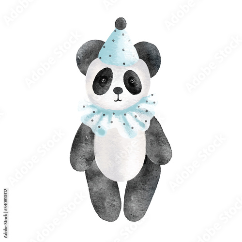 Watercolor vector plush toy panda isolated on white background.