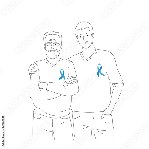Young and old men wearing blue ribbons. Prostate Cancer Awareness Background. Men's health care concept. Vector illustration.