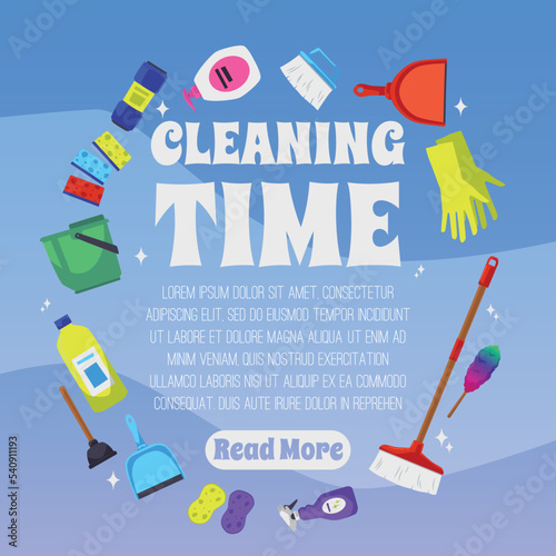 Squared banner about cleaning time flat style, vector illustration