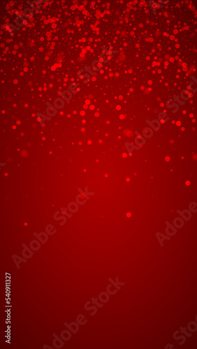 Snowy christmas background. Subtle flying snow flakes and stars on christmas red background. Delicate sweet snowy christmas. Vertical vector illustration.